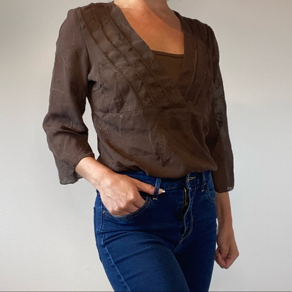 Bohemian Brown Embroidered Chiffon 3/4 Sleeve Top - Picture 10 of 14